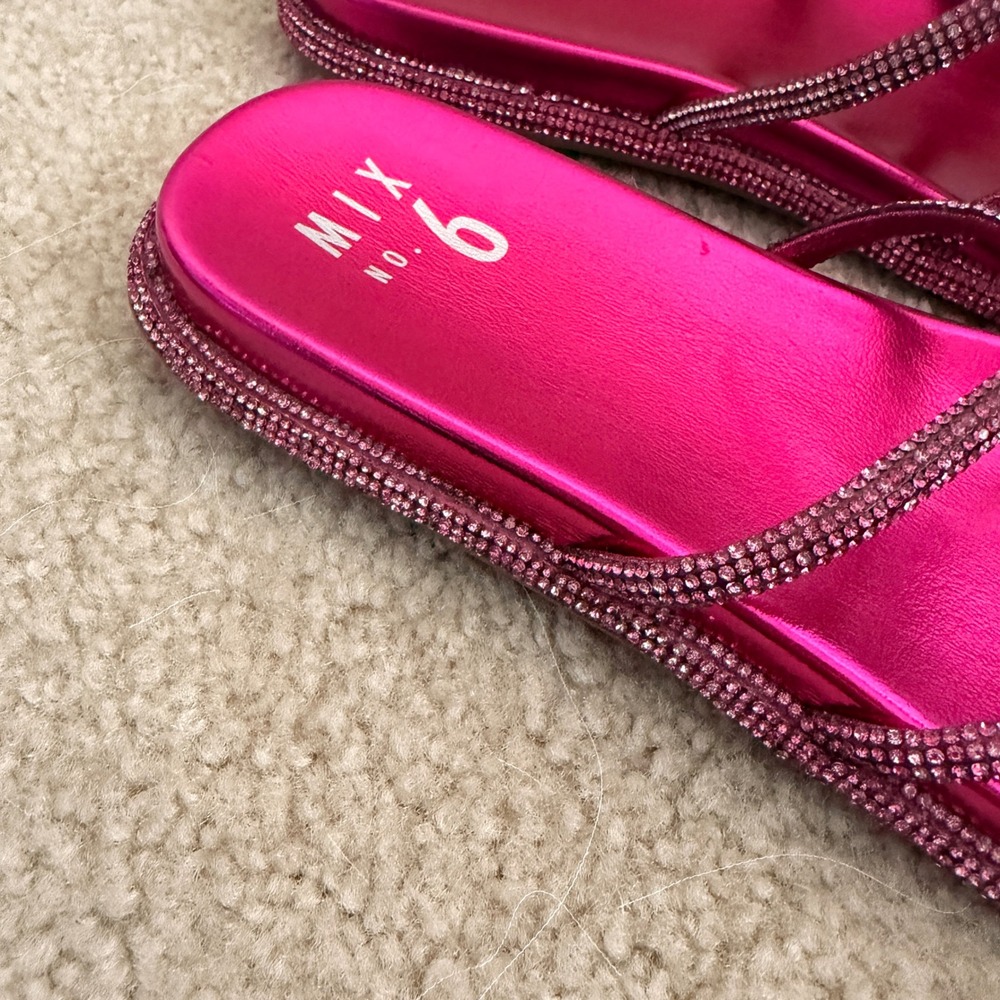 Mix No. 6 Womens 9M Metallic Fuchsia Rhinestone Strappy Square Toe Slide Sandals - Picture 2 of 10